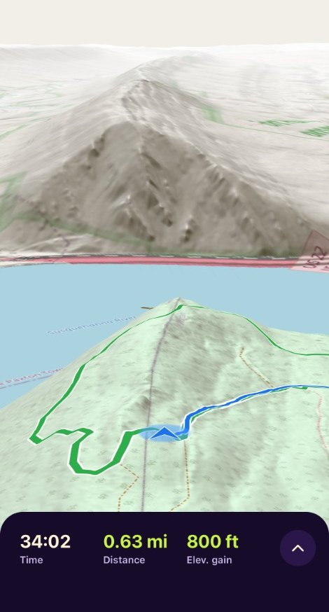 3D view looking up a ridge, with the trail and your line on the map